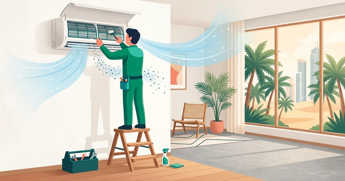 Illustration of a technician cleaning a split AC unit in a Dubai apartment