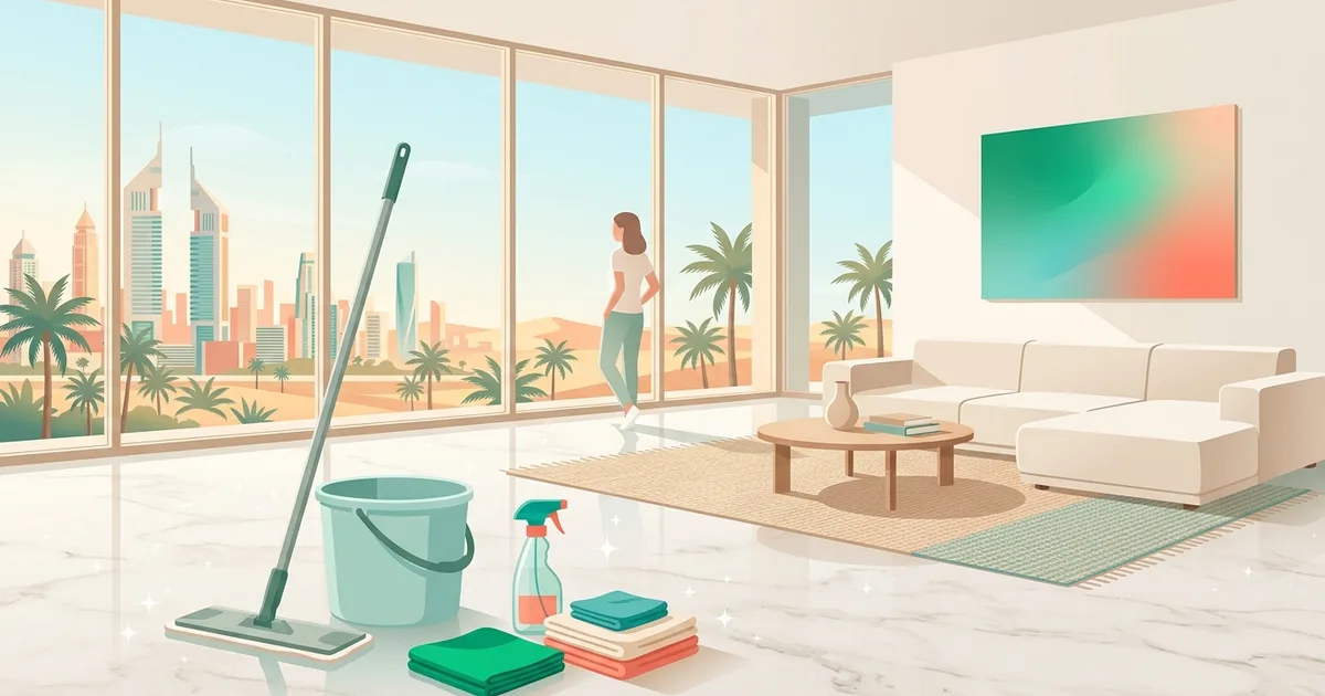 Illustration of cleaning supplies in a bright Dubai apartment