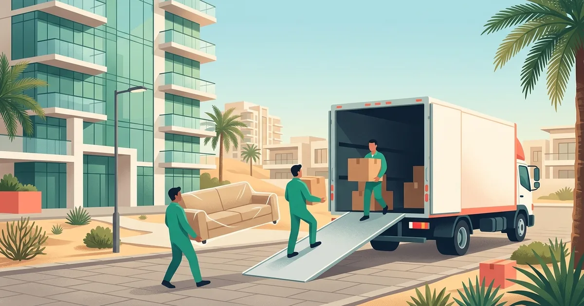 Illustration of movers loading a truck outside a Dubai apartment tower