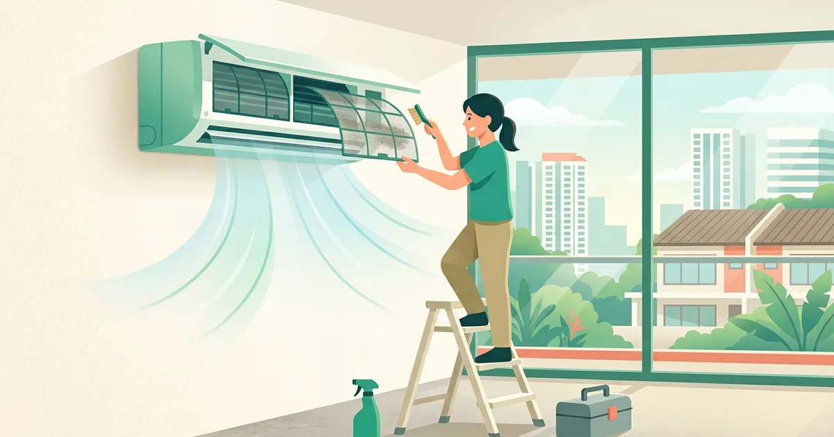 Illustration of a technician servicing a wall-mounted air conditioner