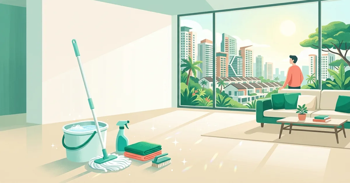 Illustration of cleaning supplies in a bright Malaysian condo living room