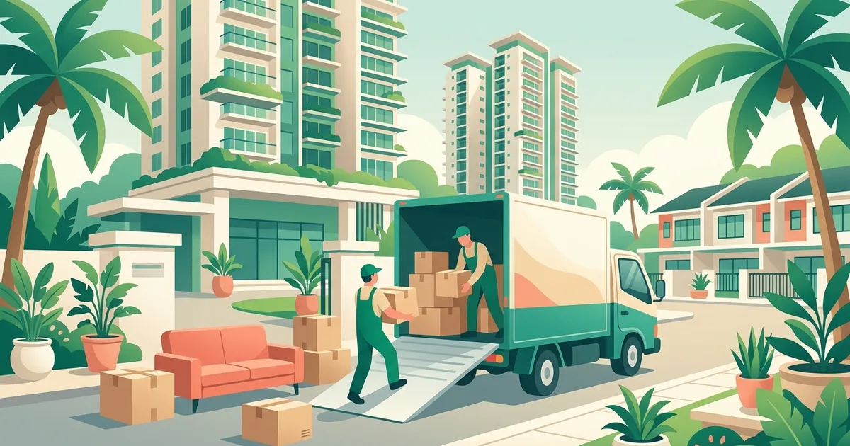 Illustration of a moving lorry being loaded outside a Malaysian condominium