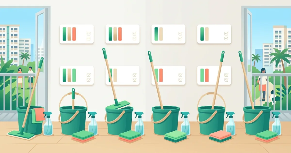 Illustration of several cleaners' kits side by side with comparison cards above them