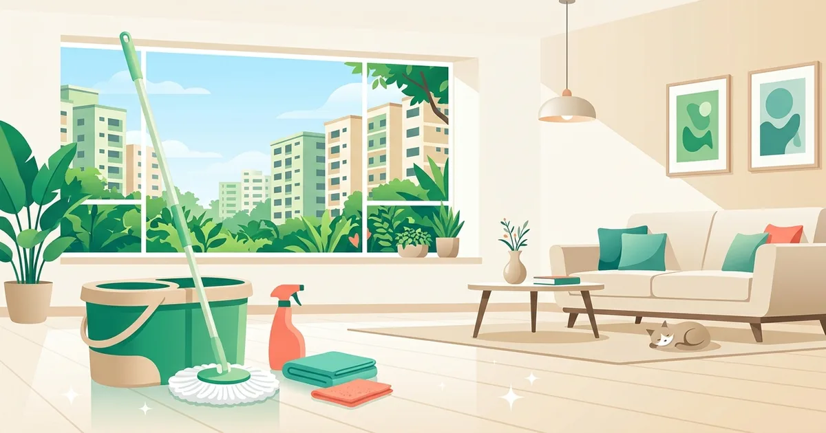 Illustration of cleaning supplies and a sparkling HDB living room
