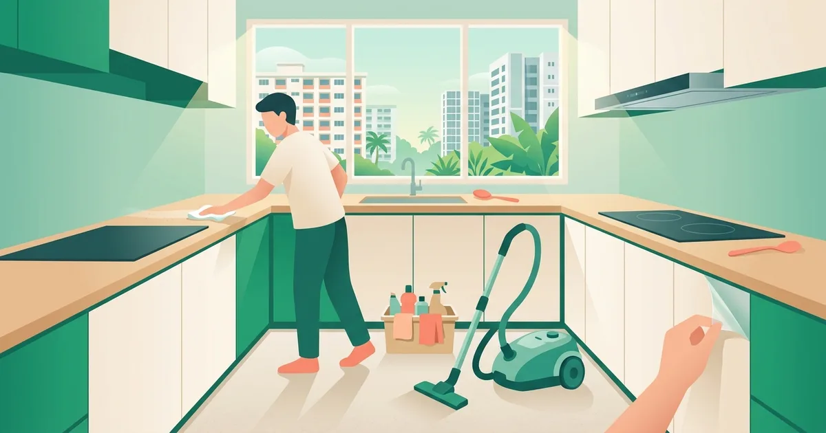 Illustration of a freshly renovated kitchen being cleaned of dust