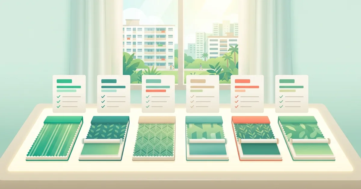 Illustration of curtain fabric swatches and blinds with comparison cards above them