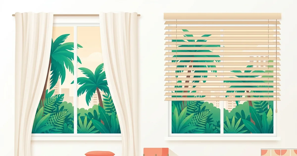 Illustration comparing a window with curtains and a window with blinds