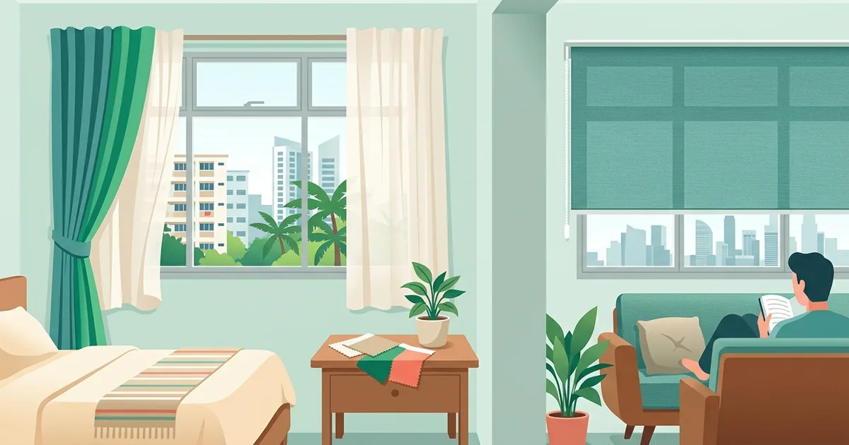 Illustration of a bright room with day-and-night curtains and a roller blind