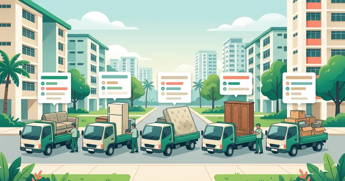 Illustration of small lorries loaded with old furniture and comparison cards above them