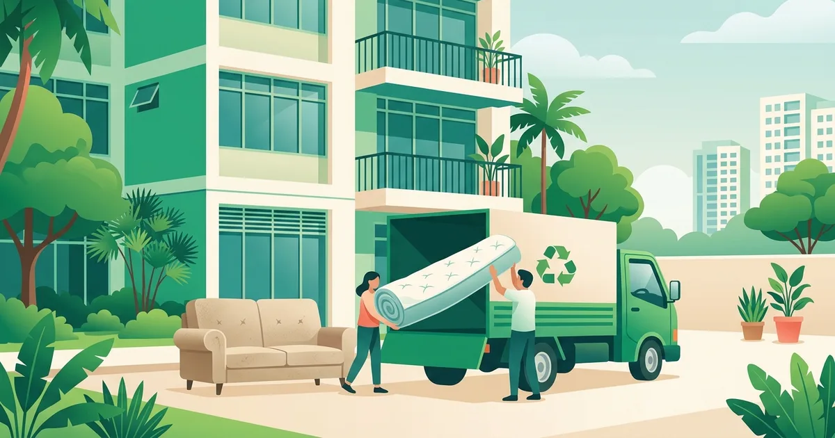 Illustration of an old sofa and mattress being loaded onto a small lorry