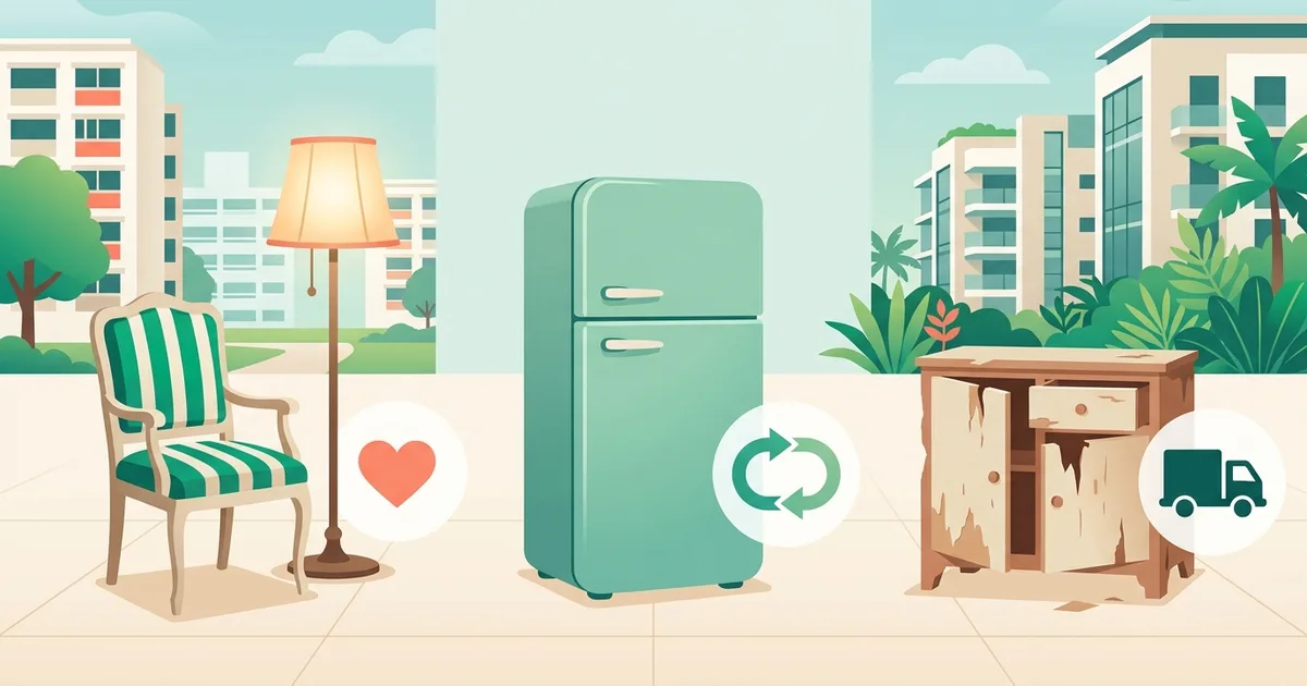 Illustration of old furniture sorted into donate, recycle and dispose groups