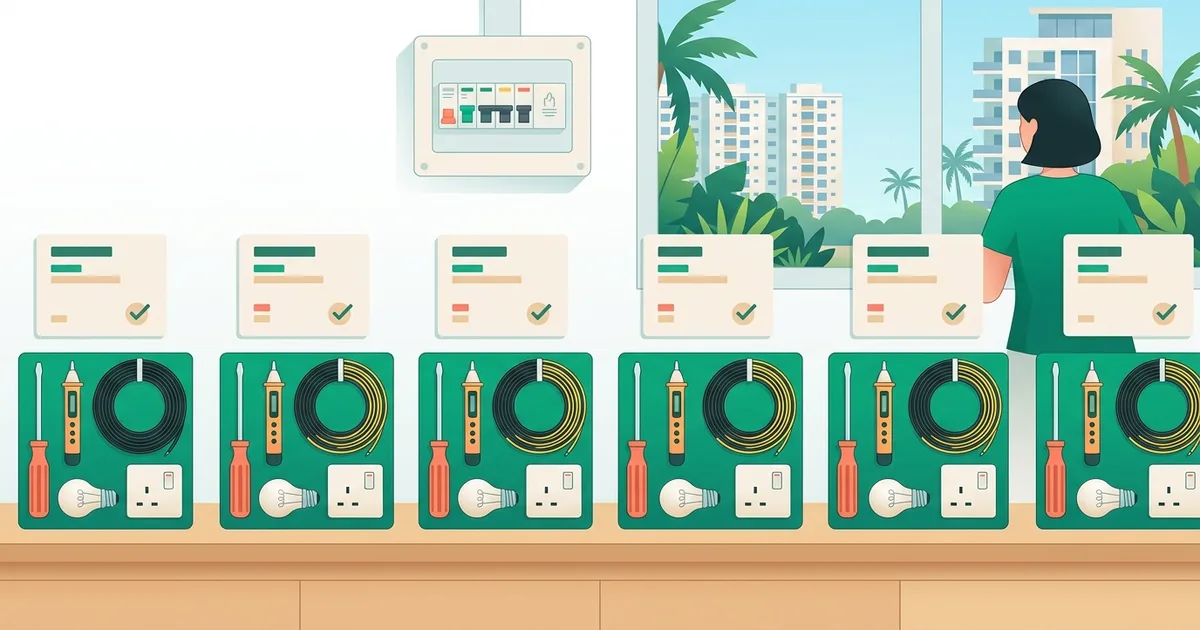 Illustration of electrical tools and a breaker panel with comparison cards above them