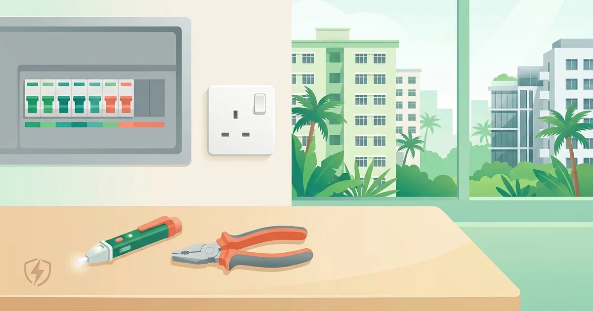Illustration of a distribution board, power socket and electrician's tools