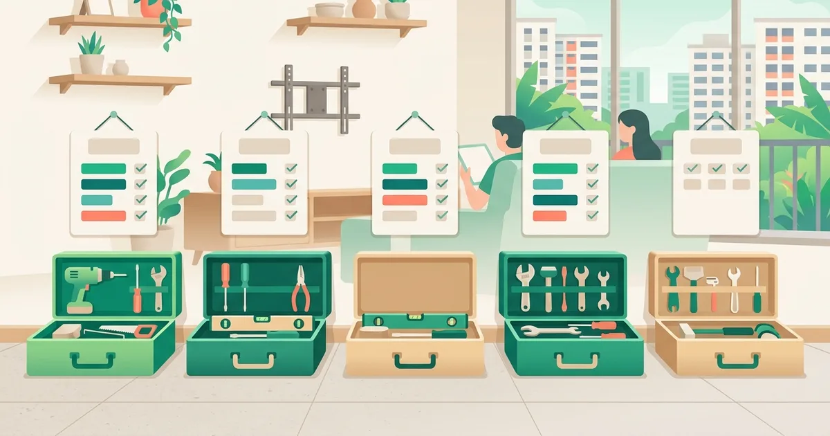 Illustration of several handyman toolboxes side by side with comparison cards above them
