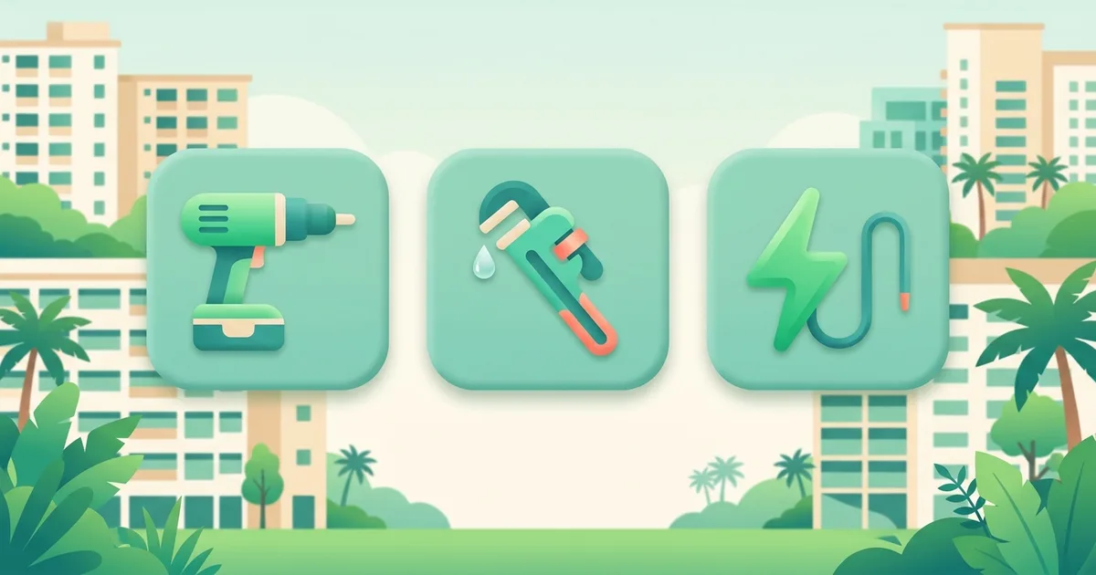 Illustration of three tool icons: a drill, a pipe wrench and a lightning bolt