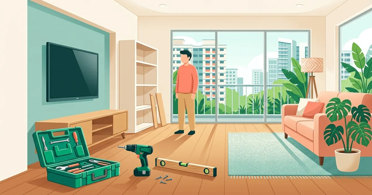 Illustration of a toolbox, drill and wall-mounted TV in a living room