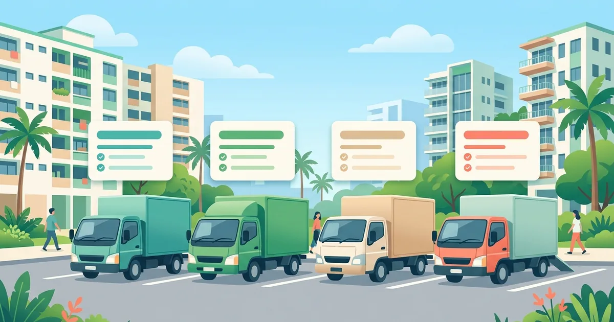 Illustration of several moving lorries side by side with comparison cards above them