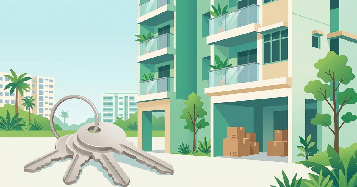 Illustration of a set of keys and a new HDB block with fresh greenery