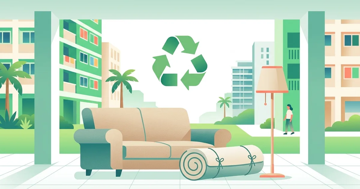 Illustration of an old sofa, a mattress and a lamp beside an HDB void deck with a recycling symbol