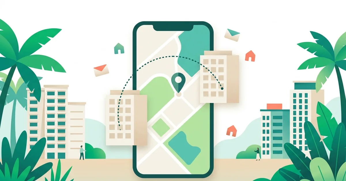 Illustration of a phone showing a location pin moving from one HDB block to another