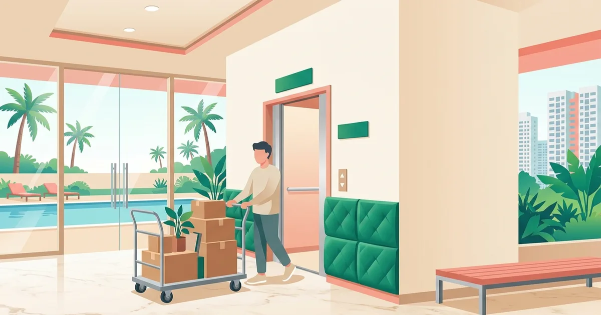 Illustration of a condominium lobby with a protected lift and a trolley of moving boxes