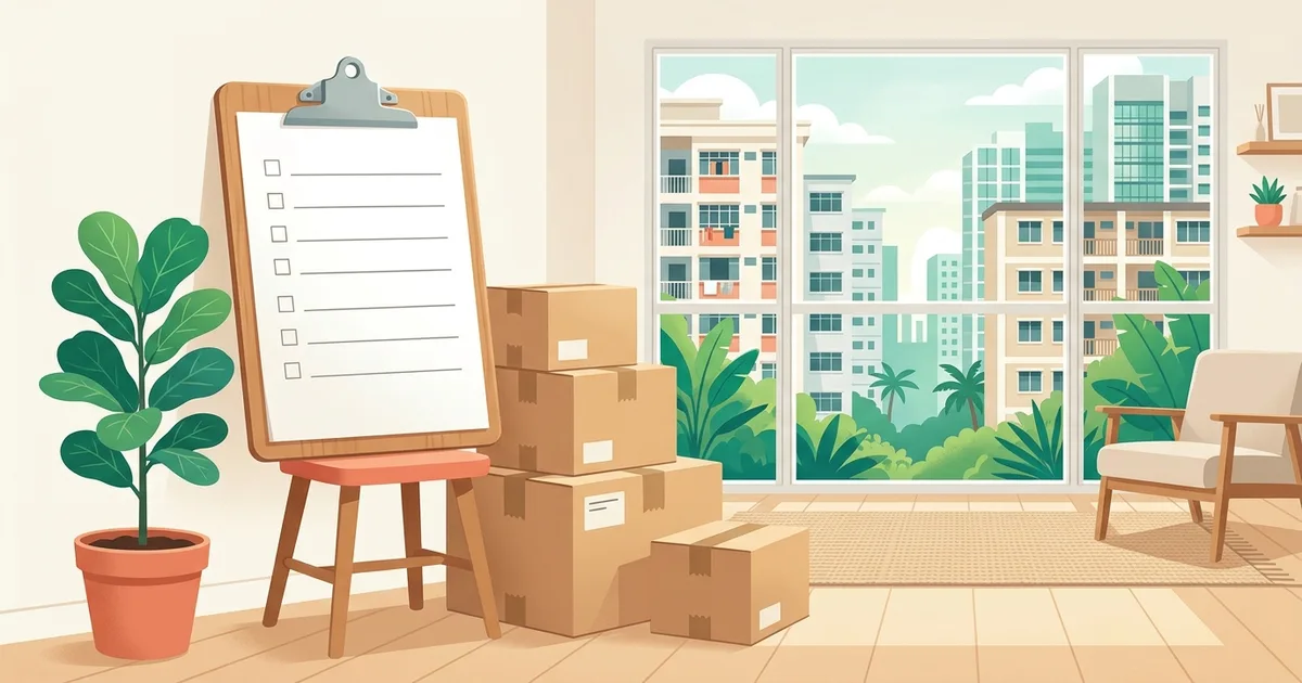 Illustration of a checklist clipboard next to moving boxes inside a bright HDB flat