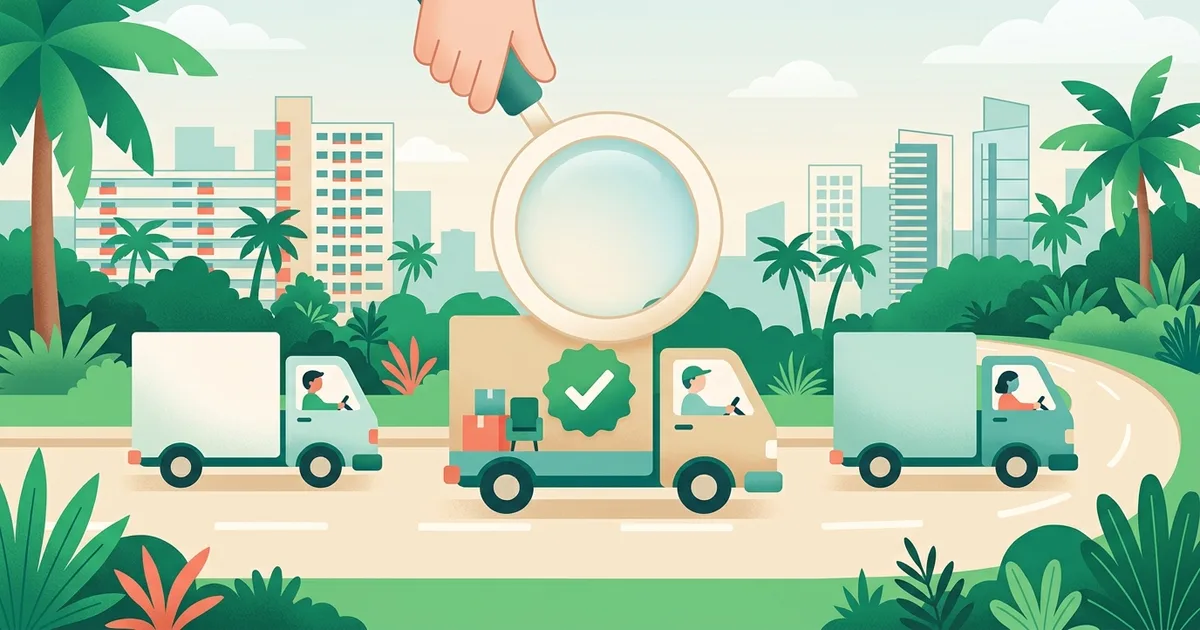 Illustration of a magnifying glass over three moving lorries, one highlighted with a check mark
