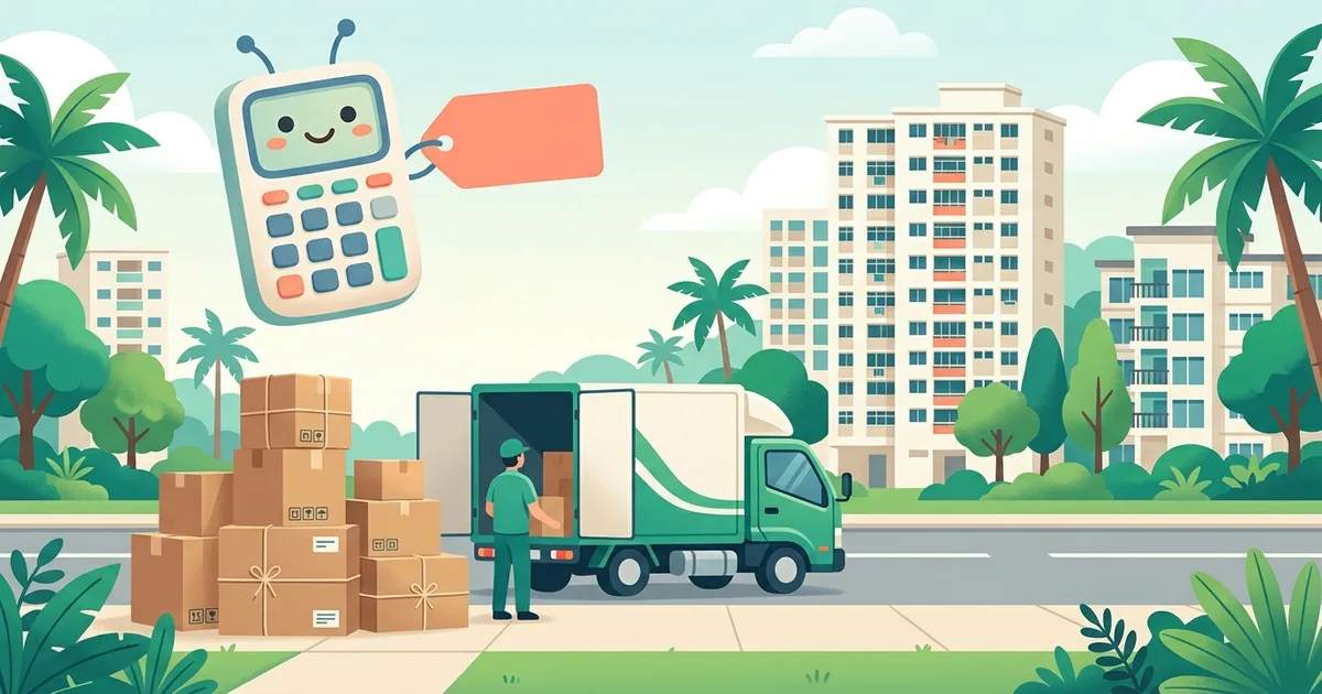 Illustration of moving boxes, a small lorry and a calculator in front of HDB blocks