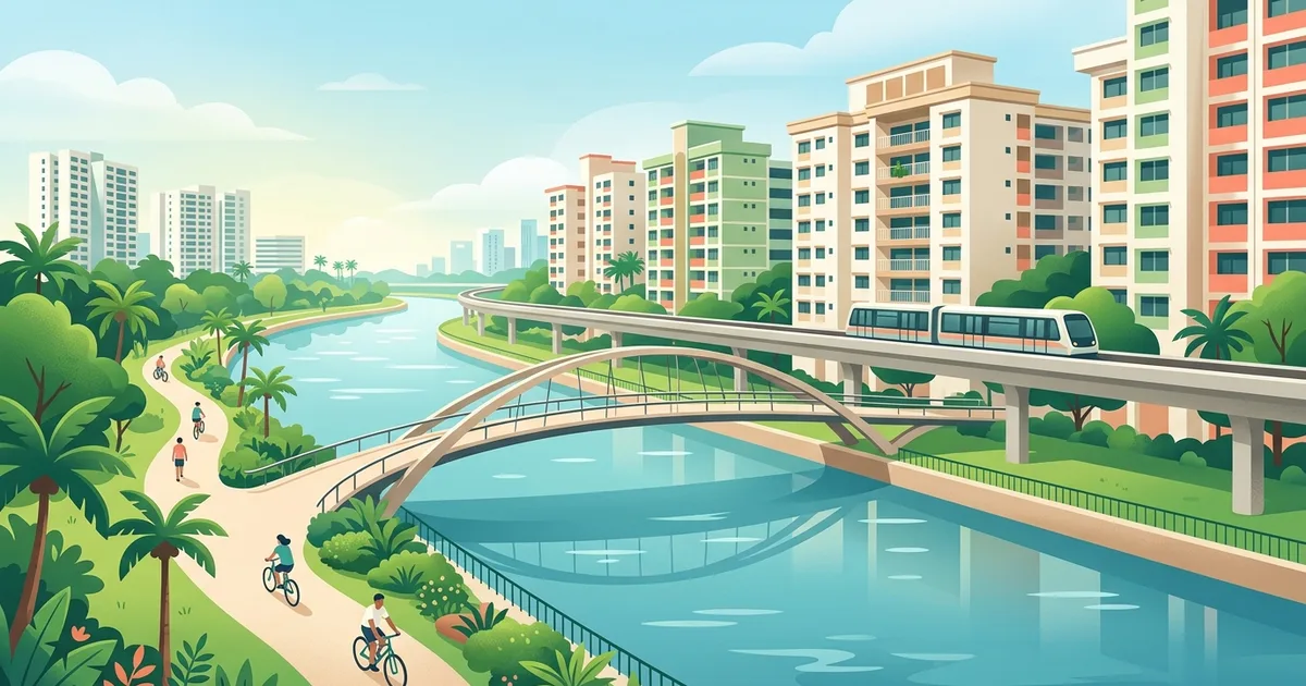 Illustration of HDB blocks along a calm waterway with a park connector and an LRT train