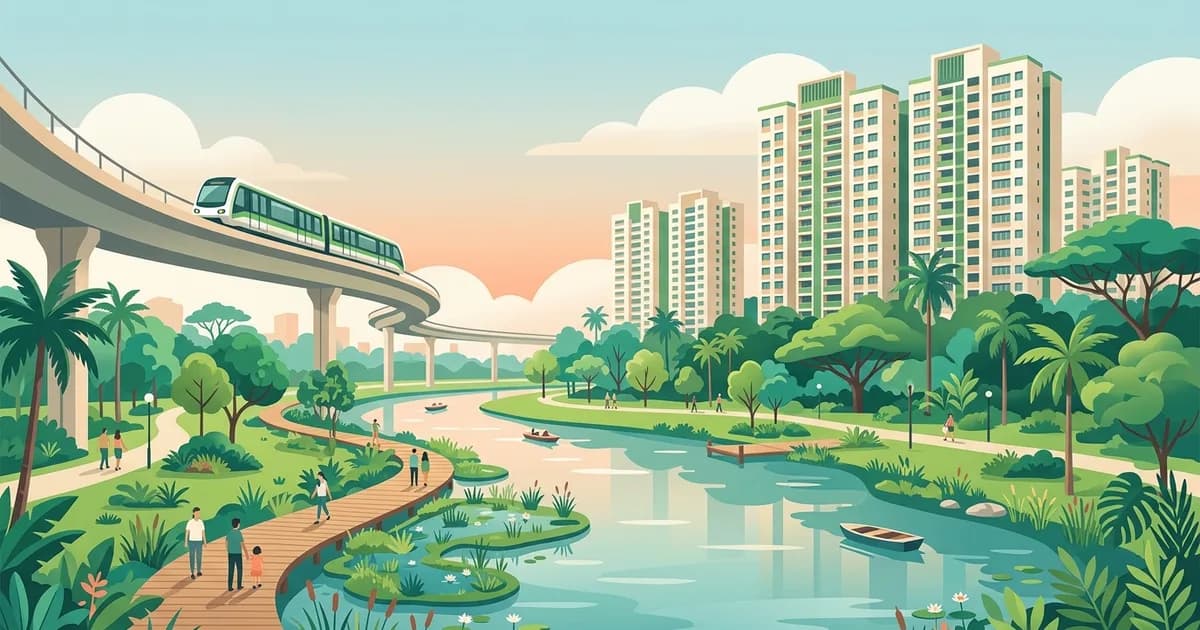Illustration of HDB blocks beside a riverside park with a floating wetland and an LRT line