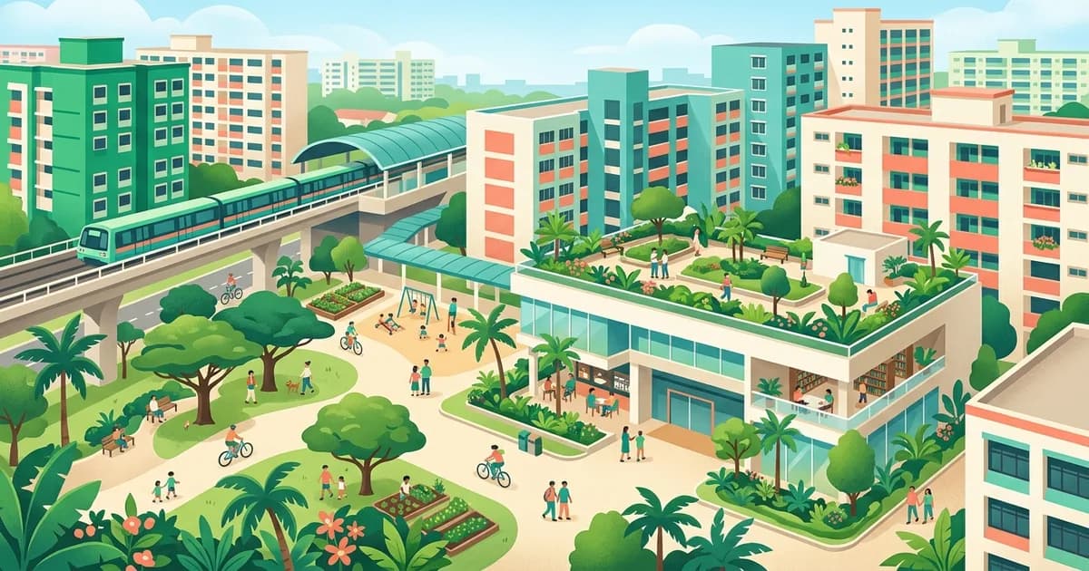 Illustration of a busy, green Tampines town with HDB blocks, a community hub and an MRT train