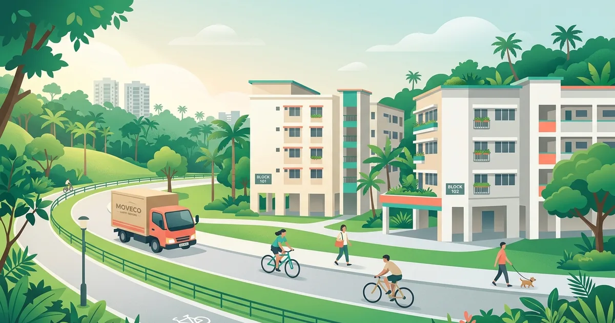 Illustration of new HDB blocks surrounded by forest greenery and walking paths in Tengah