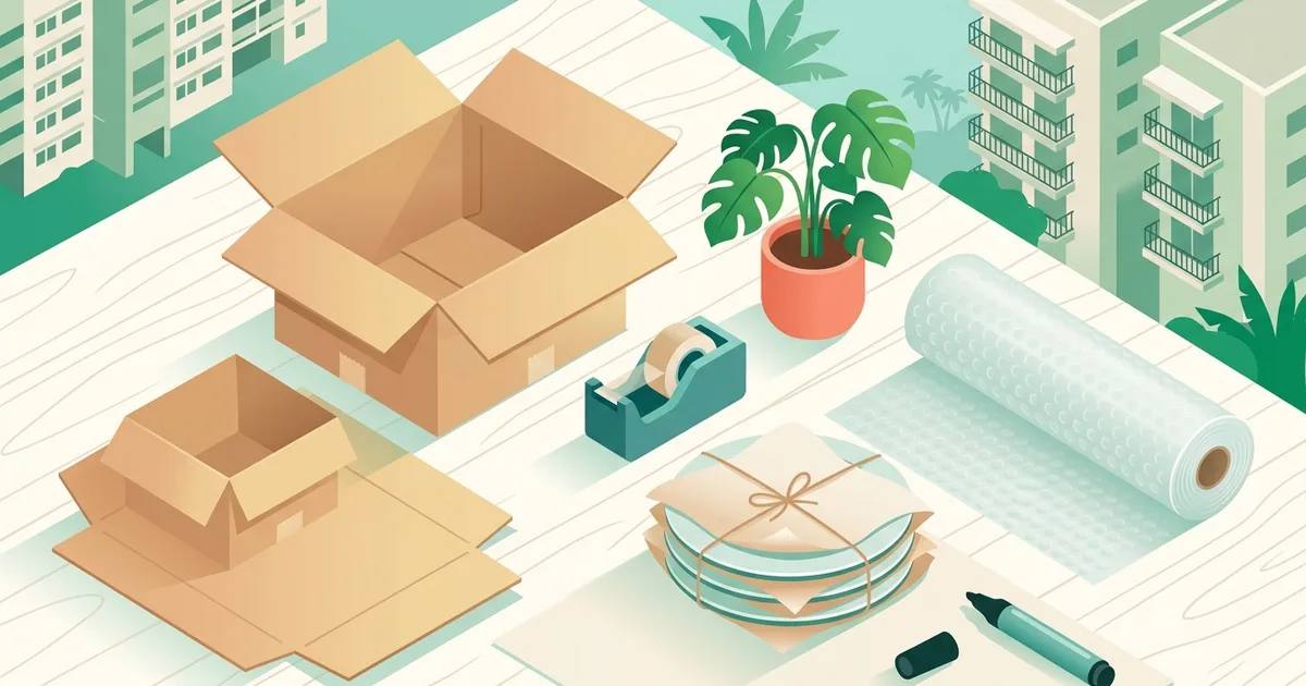 Illustration of packing supplies: boxes, tape, bubble wrap and wrapped plates