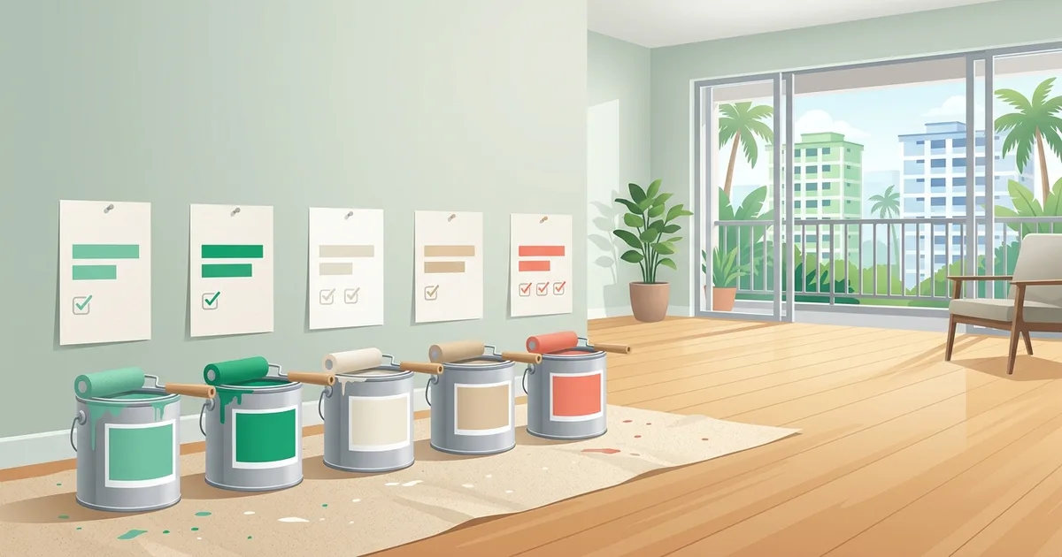 Illustration of paint tins and rollers lined up with comparison cards above them
