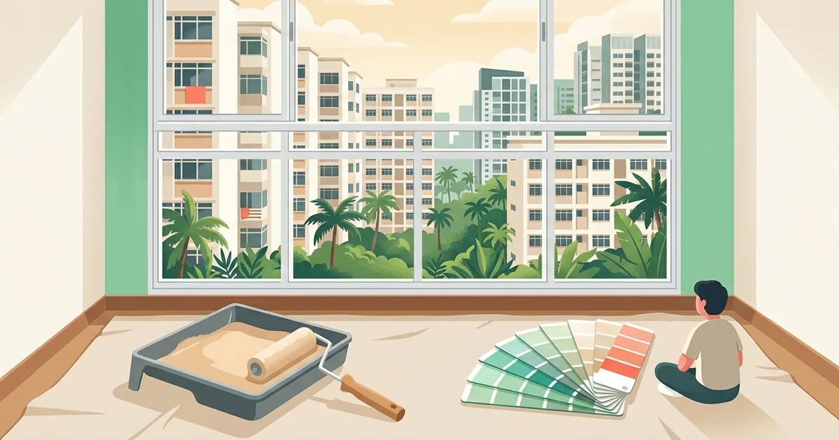 Illustration of paint colour swatches and a roller in front of an HDB window