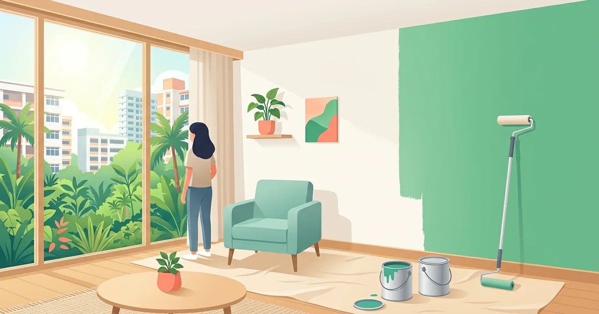 Illustration of a freshly painted living room with paint tins and a roller