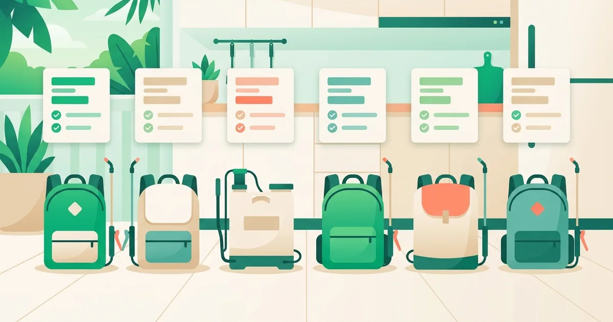 Illustration of pest control sprayers lined up with comparison cards above them