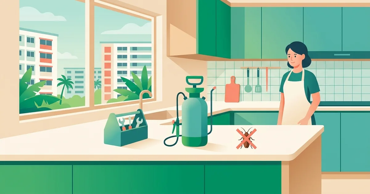 Illustration of a pest control technician's sprayer beside a clean kitchen