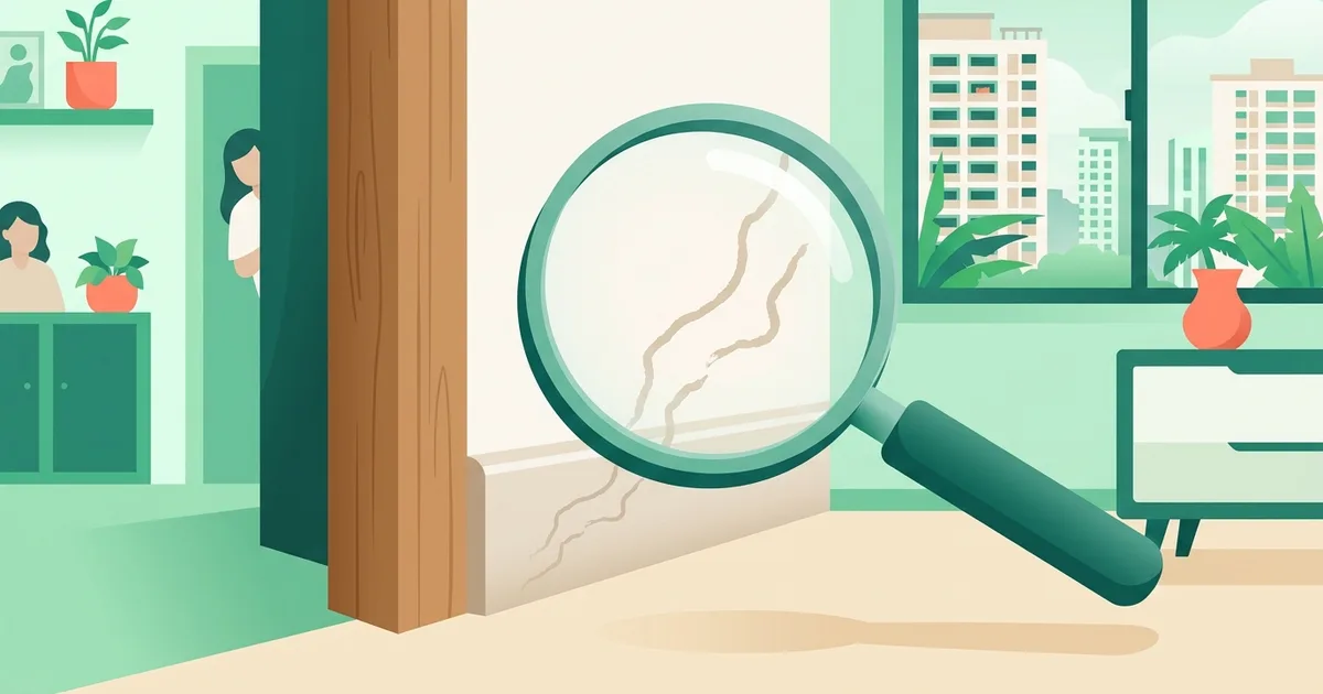 Illustration of a wooden door frame with a magnifying glass over small mud tracks
