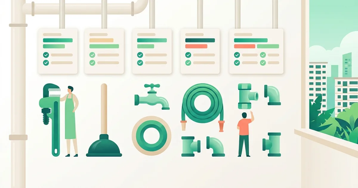 Illustration of plumbing tools and pipes with comparison cards above them