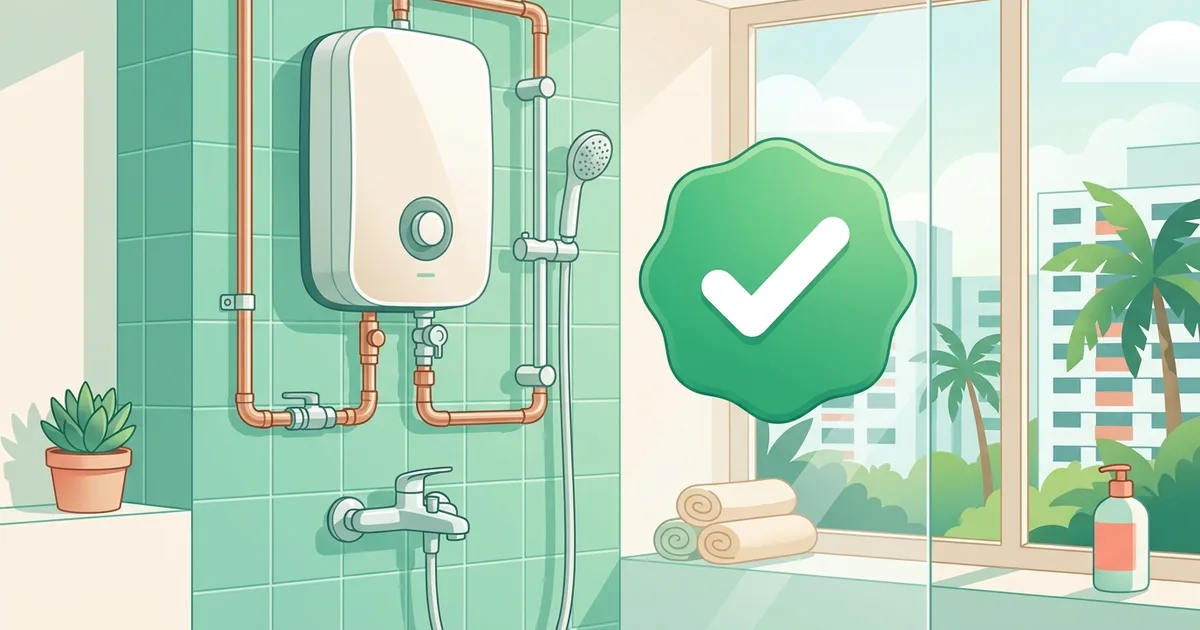 Illustration of a water heater and pipes with a verified badge