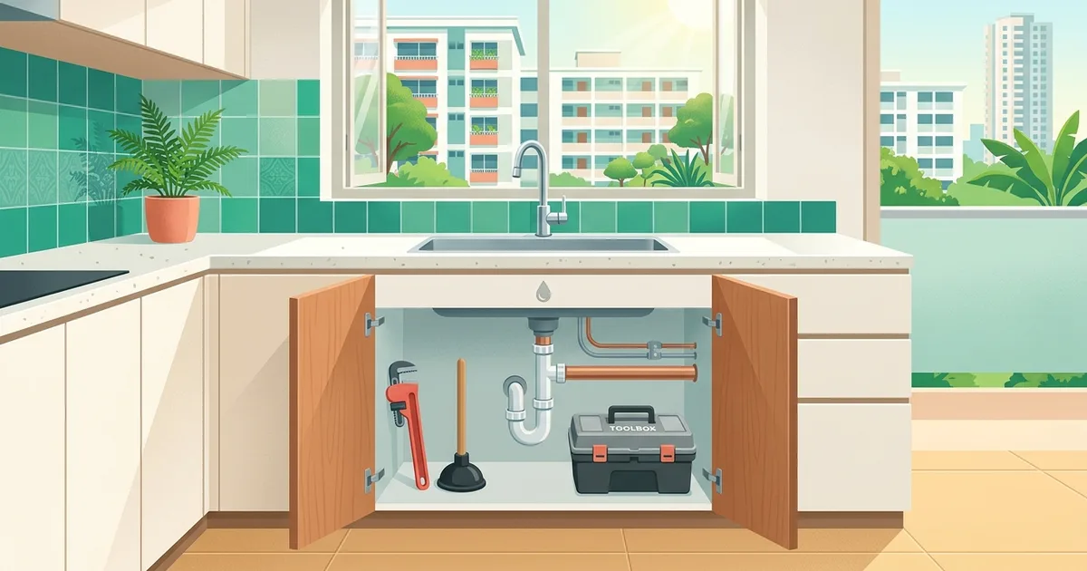Illustration of a plumber's toolbox beside a kitchen sink with pipes