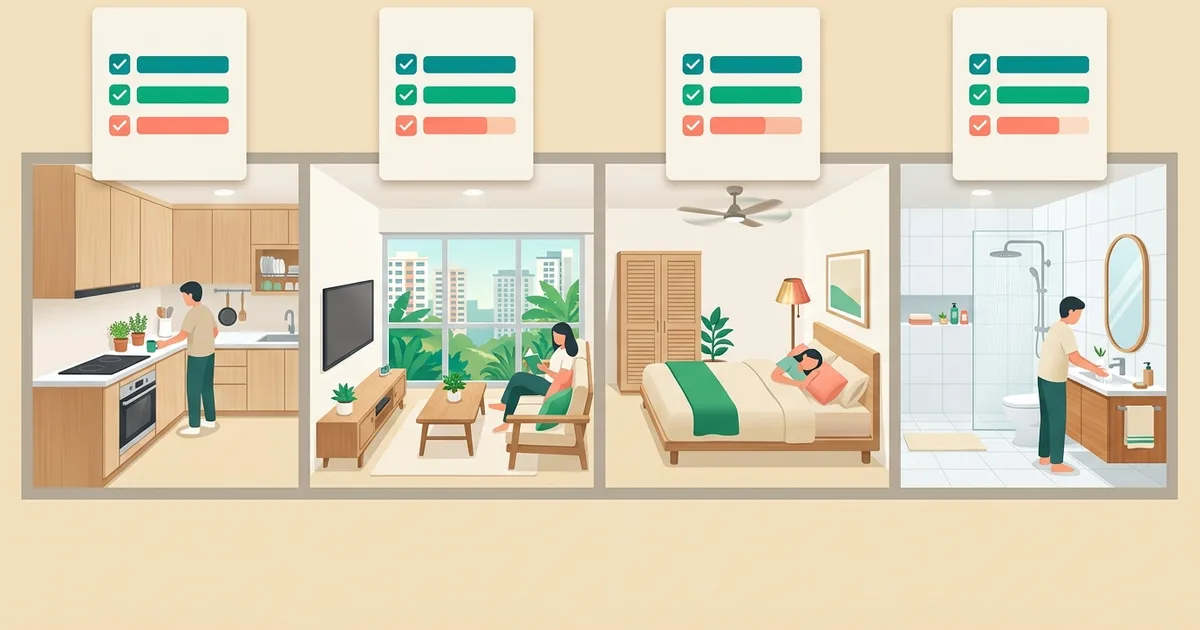 Illustration of four renovated BTO rooms side by side with comparison cards above them