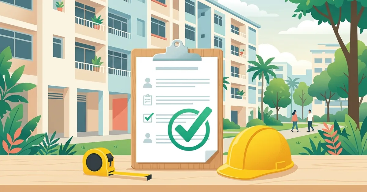 Illustration of a clipboard with an approved permit stamp in front of an HDB block