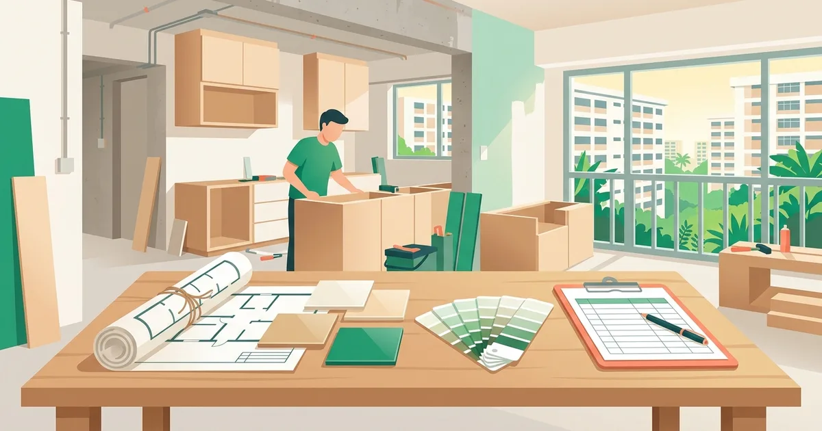Illustration of an HDB flat mid-renovation with plans, tiles and a budget sheet