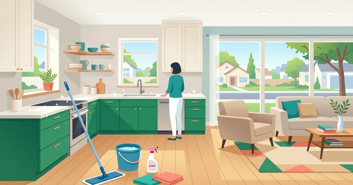 Illustration of cleaning supplies in a bright family kitchen