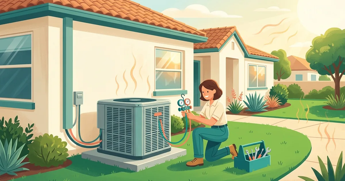 Illustration of an outdoor air conditioning unit being serviced beside a house