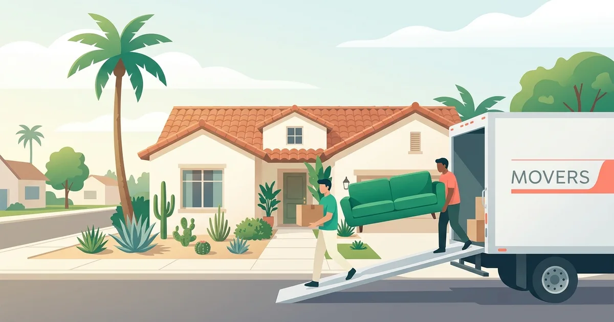 Illustration of a moving truck being loaded outside a suburban house