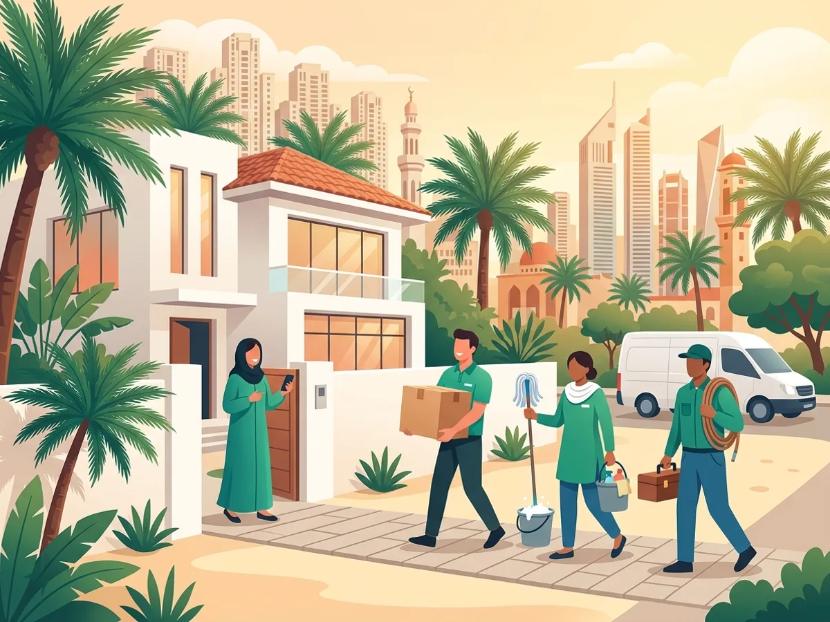 Illustration of a mover, cleaner and AC technician arriving at a villa in the UAE