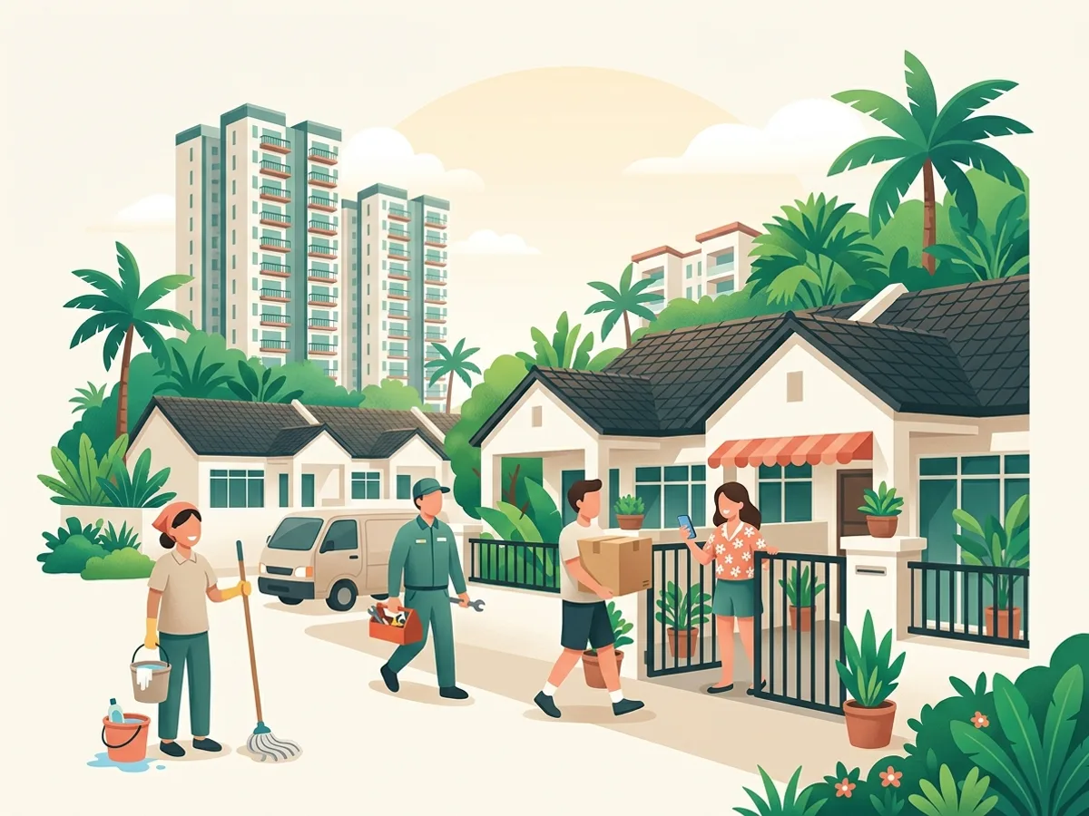 Illustration of a mover, cleaner and aircond technician arriving at a Malaysian terrace house